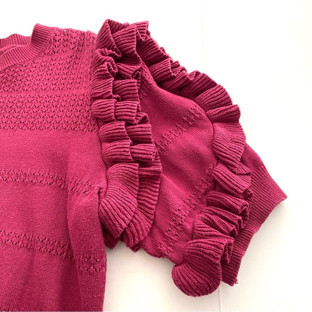 Calligraphie Raspberry Short Sleeve Top Size Medium Ruffled Puff Cropped Sweater - Picture 7 of 11